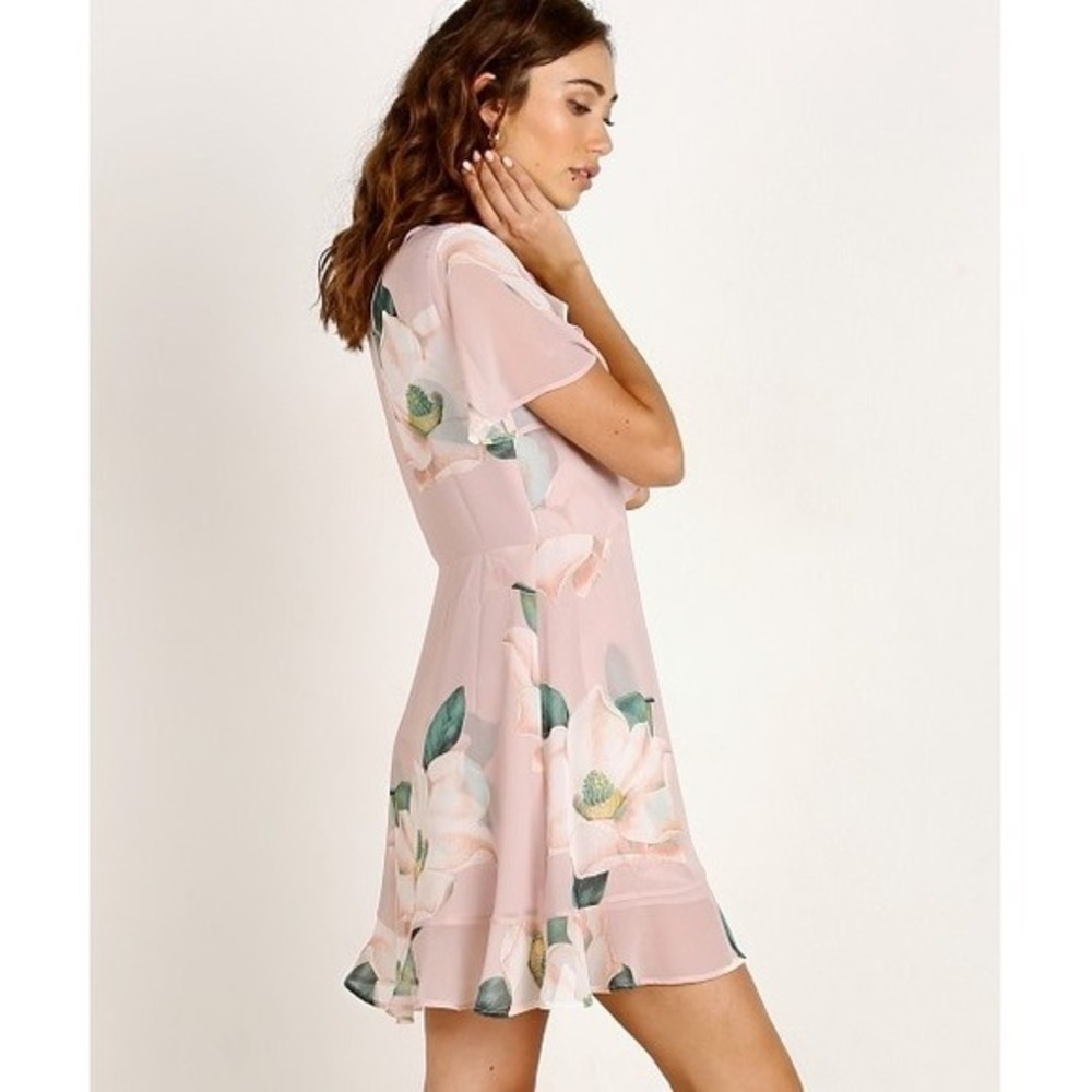 Show Me Your Mumu Pink Magnolia Floral Ruffle Wrap Mini Dress Small - Picture 17 of 17
